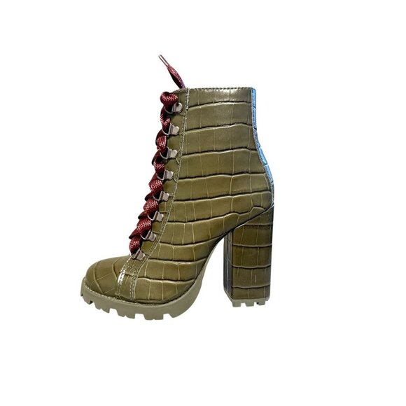 Schutz Olive Green Croc-Embossed Lace-Up Block Heel Boots W/ Burgundy Laces - 5 - Picture 3 of 9